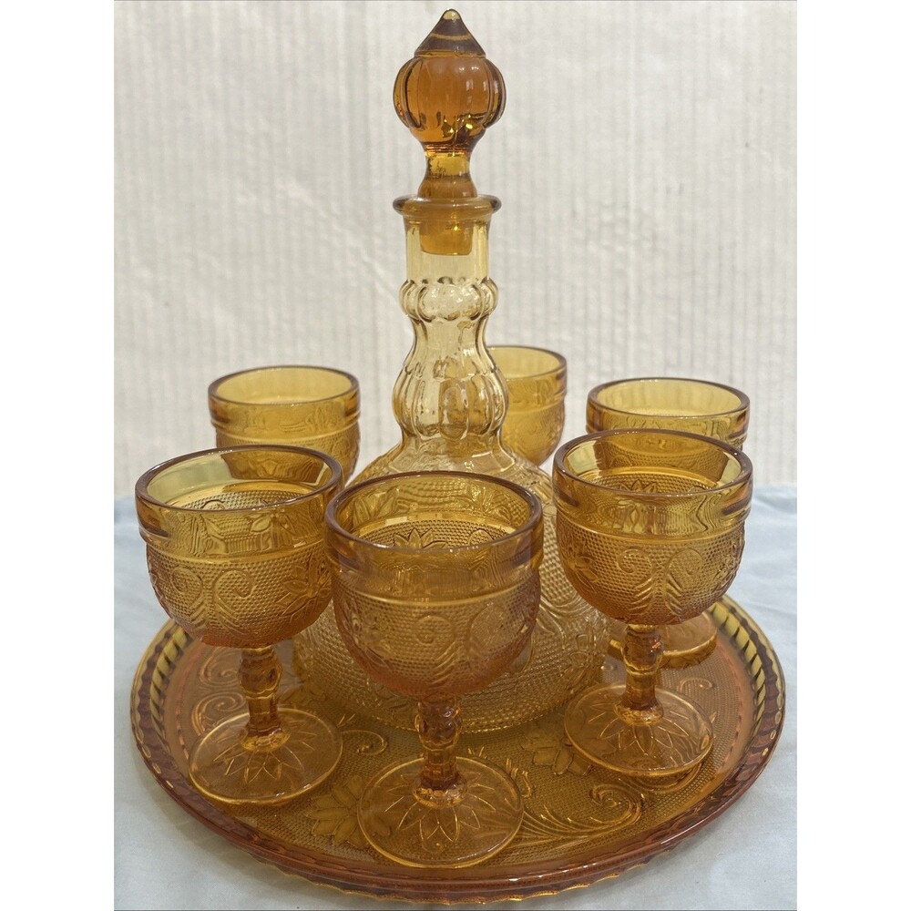 Vintage Tiara Sandwich Amber Decanter with Tray and 6 Goblets Indiana Glass